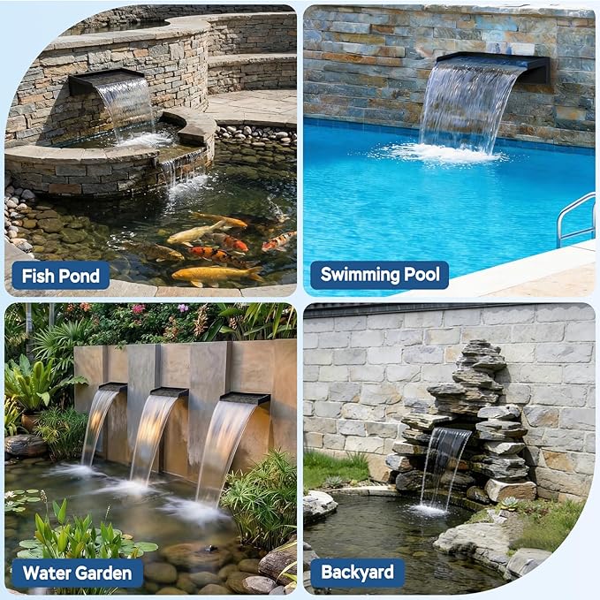 All-in-1 Pond Waterfall Kit with LED Light, 8-inch Stainless Steel Spillway with 660GPH Pump Filter Box, 3-Stage Filtration Outdoor Waterfall for Water Feature, Garden, Backyard, Pool