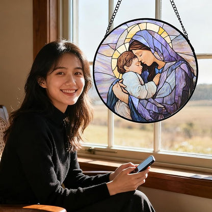 DASTOLL Christian Gifts for Women - Stained Glass Window Hanging Easter Virgin Mary Holding Jesus Sun Catcher Garden Religion Decor Mother's Day Catholic Gift for Men Grandma Nana Her Mom 7.8"