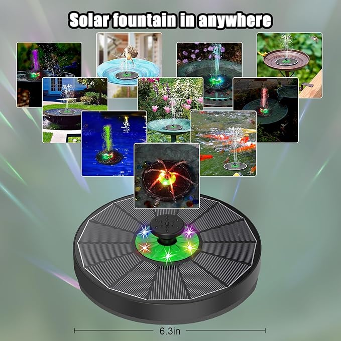 Yzert Solar Fountain with LED Lights Green Flower, 3.5W Glass Solar Bird Bath Fountains Pump with 2200 mAh Battery, Solar Water Fountain for Bird Bath, Garden, Outdoor, Pond -Black Panel Colorful