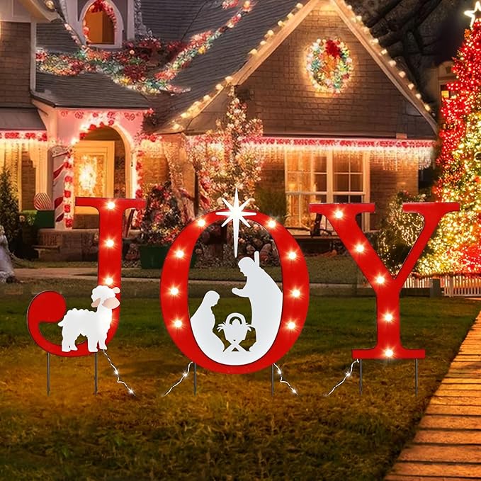 WONDER GARDEN Christmas Metal Yard Stakes, Lighted Joy and Nativity Scene Christmas Garden Stakes Yard Signs, Outdoor Decorations for Lawn Party Outside