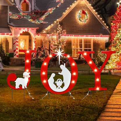 WONDER GARDEN Christmas Metal Yard Stakes, Lighted Joy and Nativity Scene Christmas Garden Stakes Yard Signs, Outdoor Decorations for Lawn Party Outside