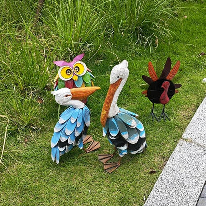 Metal Garden Sculpture, Pelican Outdoor Statue, Hand Painted Wood Chips Coastal Ocean Bird Decoration