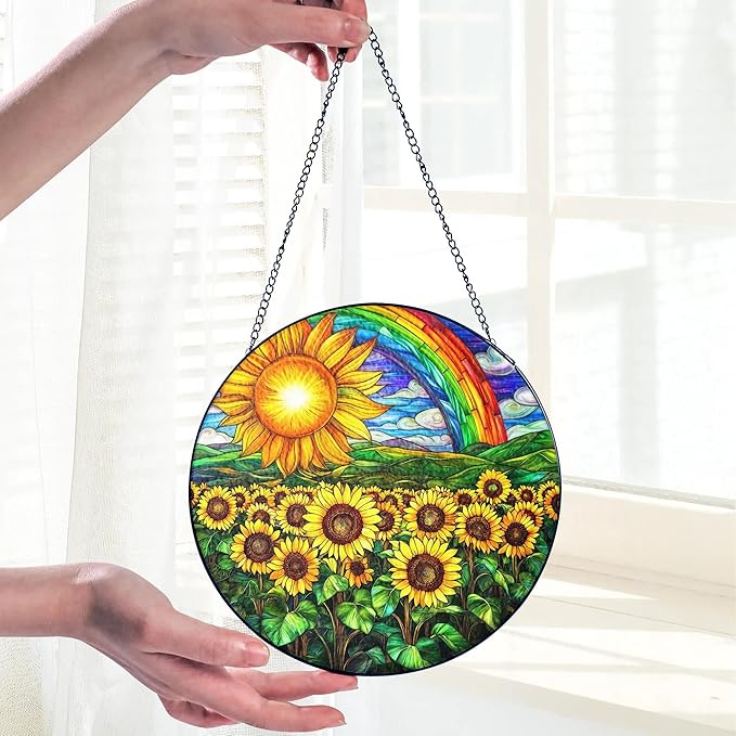 Sunflower Stained Glass Suncatcher Window Hanging Decor, Christmas, Mother's Day, Birthday Sunflower Gifts for Women Adults, Friends Sisters Teachers, Home Decorations for Window Kitchen Garden Patio