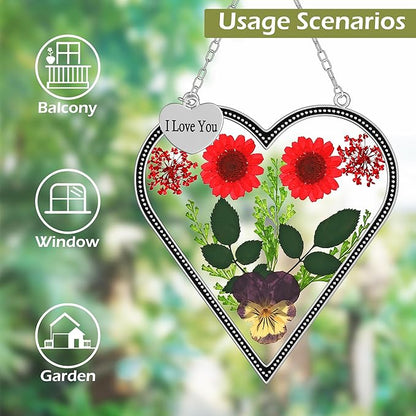 KY&BOSAM Heart Suncatcher I Love You Stained Glass Wind Chime for Windows Pressed Flower Between Heart in Glass and Metal Engraved Charm Birthday Gift for Women Mom Mother's Day Valentine's Christmas