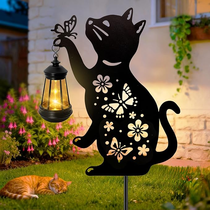ANGMLN Cat Solar Lights Outdoor, Black Cat Hanging Lantern Waterproof, Cat Lover Gifts for Women Mom Birthday Mother's Day, Metal Garden Statue Yard Decor Patio Pathway Backyard Lawn Ornaments