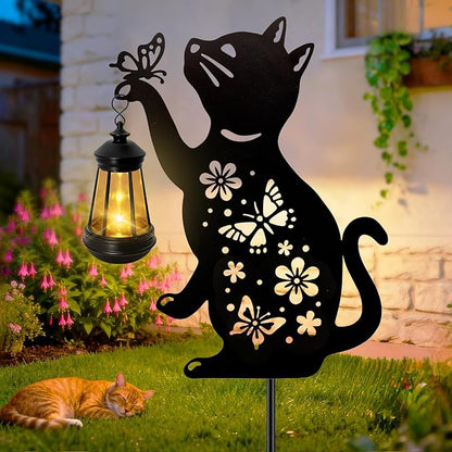 ANGMLN Cat Solar Lights Outdoor, Black Cat Hanging Lantern Waterproof, Cat Lover Gifts for Women Mom Birthday Mother's Day, Metal Garden Statue Yard Decor Patio Pathway Backyard Lawn Ornaments