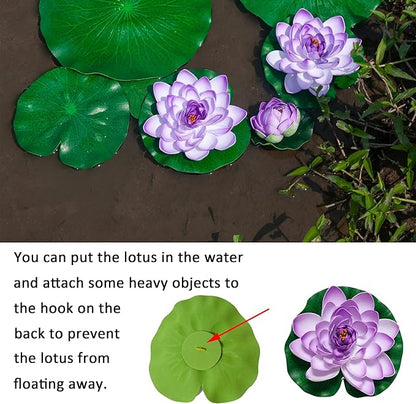 Fake Lily Pads, 10 PCS Artificial Lotus with Water Lily Pad, Realistic Water Floating Foam Lotuses Pads, Purple Artificial Floating Lotus Decor with Pad for Home Outdoor Ponds