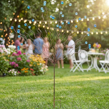 Novabright Whimsical Blue Bead Tree Yard Stake 40 Inch H 30 Arm Bead Art Garden Decoration Handmade Rustic Metal Decorative Yard Stake for Women Gift Party Decor
