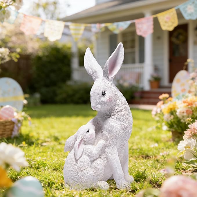 basen Outdoor White Bunny Figurines Mother and Baby Rabbit Resin Decor, Weather Resistant Garden Statue for Yard Patio Lawn, Easter Spring Decoration, Cute Animal Ornament for Home or Gift