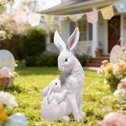 basen Outdoor White Bunny Figurines Mother and Baby Rabbit Resin Decor, Weather Resistant Garden Statue for Yard Patio Lawn, Easter Spring Decoration, Cute Animal Ornament for Home or Gift