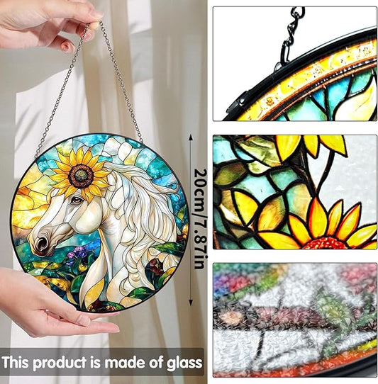 Bimkole Horse Stained Glass Suncatcher Window Hanging - Animals Indoor Window or Doorway Decoration - Handmade Sun Catcher Decor for Garden Home Christmas & Birthday Gifts 7.87x7.87 in