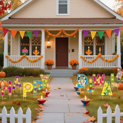 11 Pcs Happy Diwali Yard Stake Sign with LED String Lights Diwali Outdoor Decorations Festival of Indian Lights Party Stakes for Yard Lawn Decor Garden Pathway Decor Photo Booth Props
