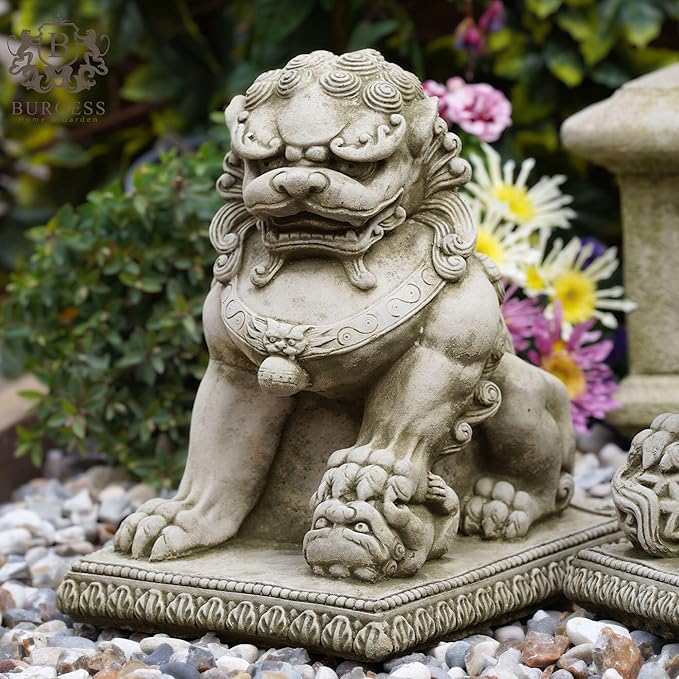 Pair of Foo Dog Stone Statues | Decorative Oriental Dragon Sculpture Ornamental Lion Animal Garden Ornament Decoration