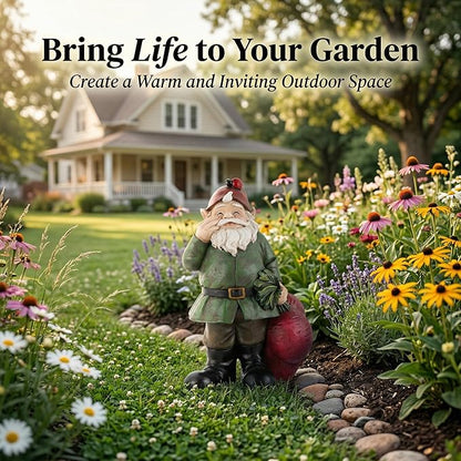 Topadorn Gnomes Figurine Resin Sculpture Garden Gnome Drag a Brunch of Radishes Statue with a Ladybug for Indoor Outdoor Decor, Radish Harvest 10 Inch, Weatherproof Garden Gnome Yard Statue Decor