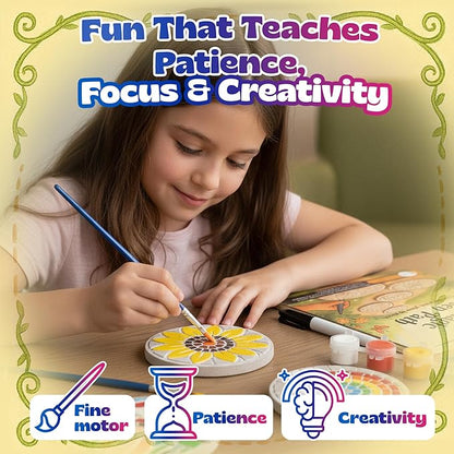 Pinwheel Crafts Stepping Stone Kit for Kids – Paint Your Own Mosaic Stones with Storybook | 5 Preprinted Cement Designs, Waterproof Paints, Brushes & Markers | Creative Garden Craft Gift for Ages 6+