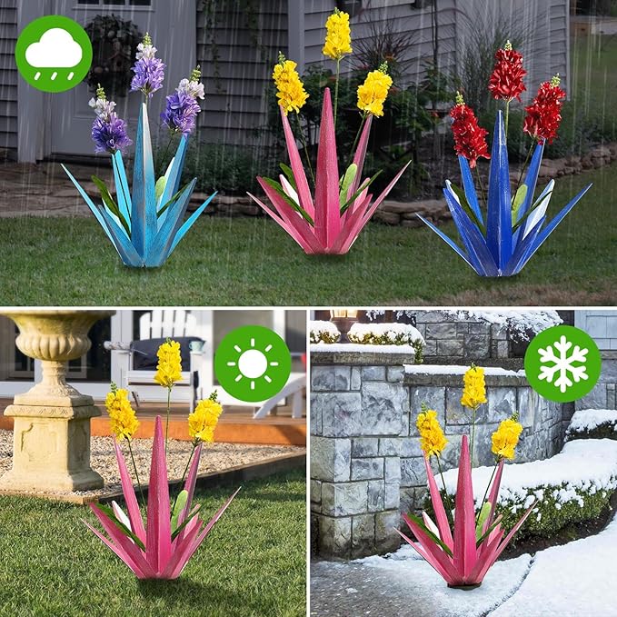 2PCS Large Metal Yard Art, Outdoor Metal Agave Plants, Tequila Rustic Sculpture, Garden Decoration Lavender Yard Art Plant (Rose Red)