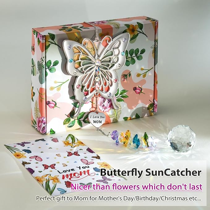 VIVIKEN Butterfly Suncatcher with The Tag of I Love You Mom Mother’s Day Butterfly Rainbow Maker Window Decor Wind Chime Crystal Ball Ornament Sun Catcher Gifts to Mom for Birthday Christmas