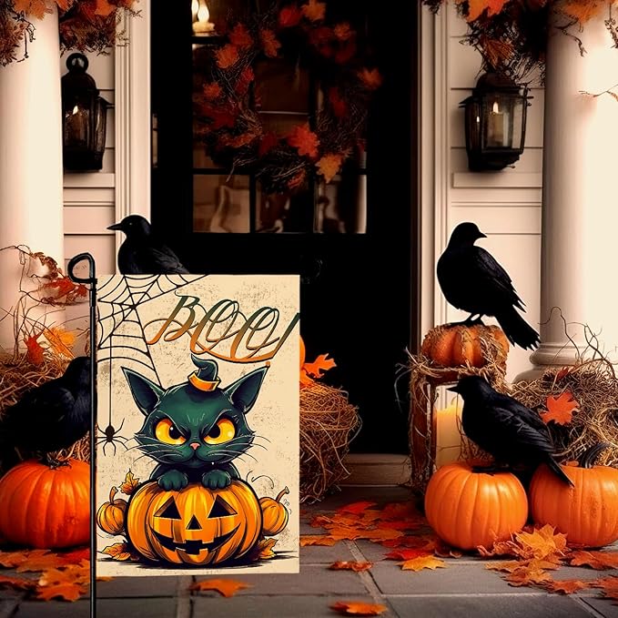 Halloween Garden Flags Black Cat Boo Yard Flag Scary Pumpkin Vertical Garden Flags Spiders Web Holiday Yard Banner 12x18 Inch Double Sided for Outside Decoration