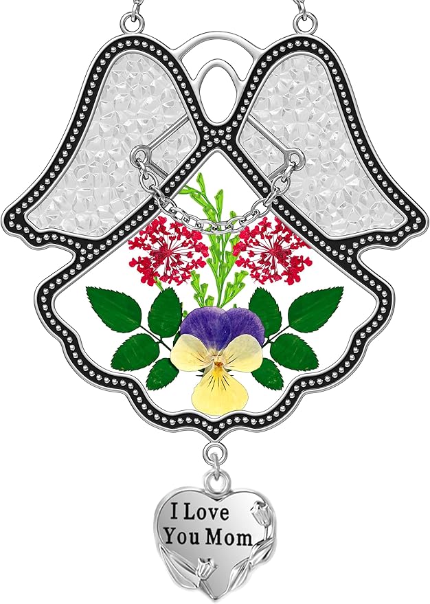 KY&BOSAM Angel Suncatcher I Love You Mom Stained Glass Panels Suncatchers for Windows Wind Chime with Pressed Flower Glass and Metal Heart Charm Birthdays Gift for Mom Mothers Day Valentines Christmas