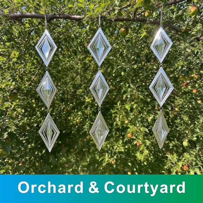 Shiny Metal Bird Reflectors Wind Spinners 360° Wind-Spinning Quiet Reflective Bird Deterrent Decor for Small Yard Orchard Bird-Prone Areas (Diamond-Shaped/Silver / 9 Pcs / 3 Set)