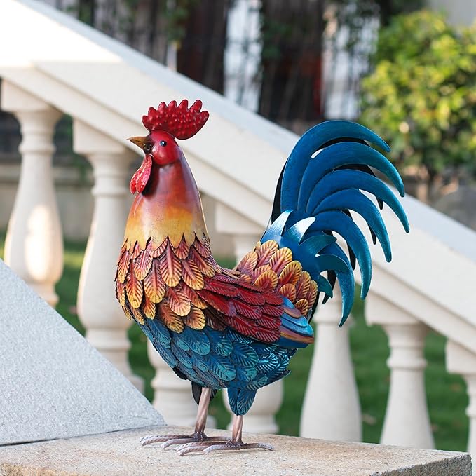 Kircust Metal Rooster Garden Ornament, Multi-Color Outdoor Yard Art Chicken Statue for Home Patio Lawn Backyard Farmhouse Kitchen
