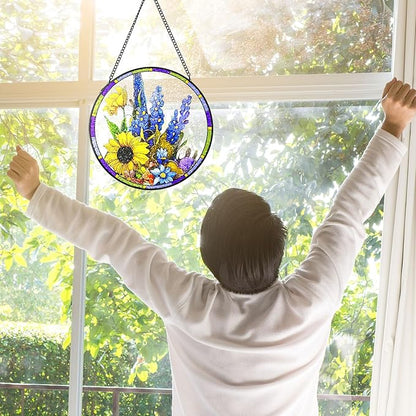 Stained Glass Suncatchers Window Hanging, Delphinium Flower Sun Catchers Indoor Window Stained Glass Hanging Garden Decor, Birthday Gift for Mom Grandma Aunt Sister Bestie 6.3 in