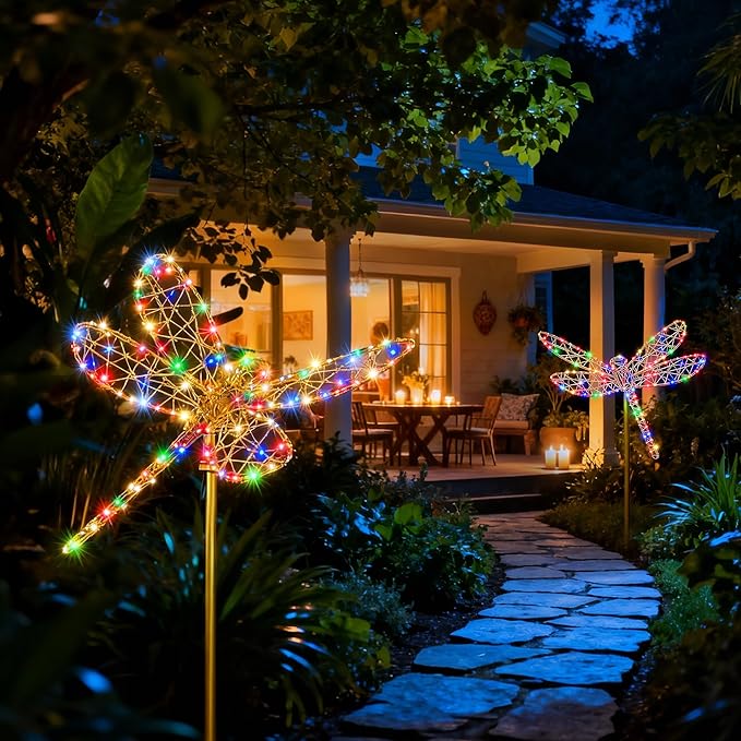 Lomotech Solar Garden Lights - 18" 240 Leds Foldable Outdoor Dragonfly Garden Decor, Waterproof Larger Outdoor Solar Lights with Iron for Garden Patio Yard Lawn Pathway Decorations (Multicolor)