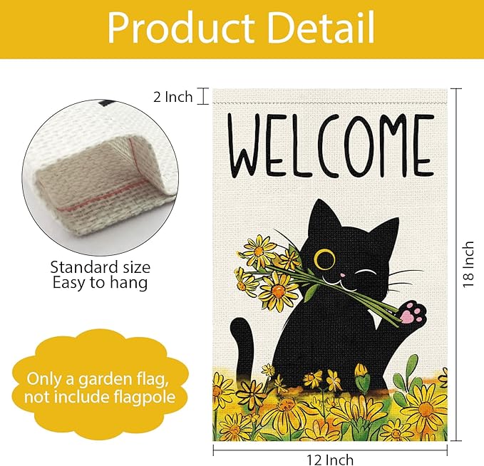 Summer Garden Flag Welcome Black Cat Sunflower Double Sided Burlap 12x18 inches For Porch Lawn Yard Outdoor and Home Decor
