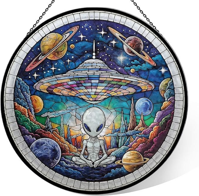 Alien Spaceship Stained Glass Window Hanging, 7.9" UFO Sun Catcher Glass Panel Boho Wall Art Decor, Hand Painted Round Ornament for Friends, Art Lover, Astronomer