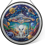 Alien Spaceship Stained Glass Window Hanging, 7.9" UFO Sun Catcher Glass Panel Boho Wall Art Decor, Hand Painted Round Ornament for Friends, Art Lover, Astronomer