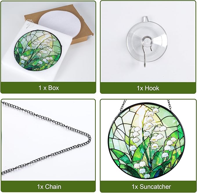 Stained Glass Window Hanging, Lily of the Valley Suncatcher 7.8 in Sun Catcher Boho Wall Art Decor with Chain Diamond Glass Panel Hangings Scenery Sun Catchers Decor for Lover Couple Mom