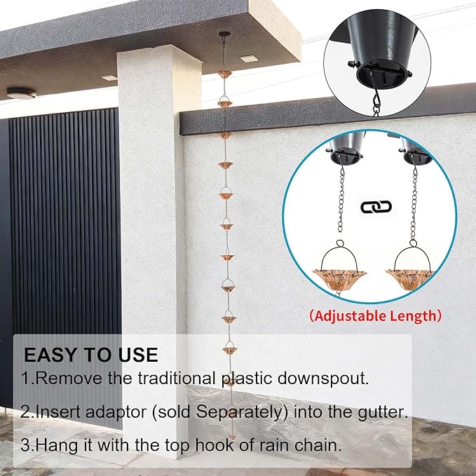 8.5FT Rain Chain for Gutters, Rain Chains for Outside with 12 Lotus Cups, Rustproof Rain Catcher Chain, Replacement for Downspout (Lotus)