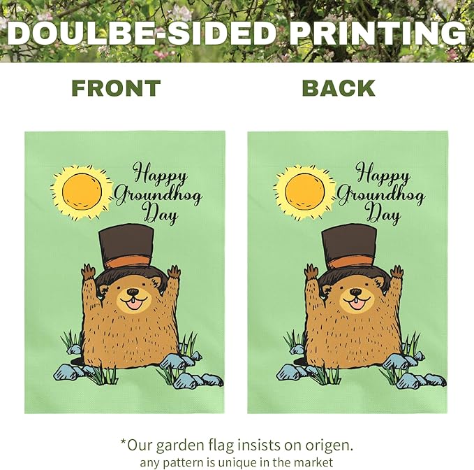 Happy Groundhog Day Garden Flag 12x18 Inch Double Sided Cute Groundhog with Top Hat and Sunshine Design Spring Outdoor Yard Flags Funny Holiday Porch Lawn Durable Banner for Home Garden Décor