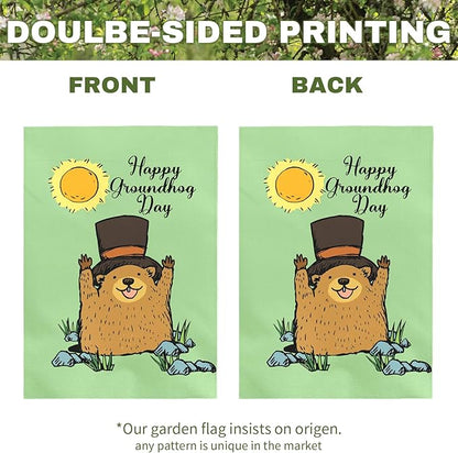 Happy Groundhog Day Garden Flag 12x18 Inch Double Sided Cute Groundhog with Top Hat and Sunshine Design Spring Outdoor Yard Flags Funny Holiday Porch Lawn Durable Banner for Home Garden Décor