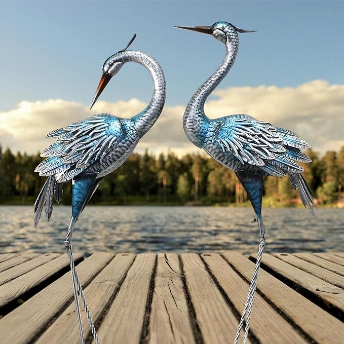 37-40Inch Outdoor Crane Garden Statues, Blue Heron Garden Statues, Large Metal Cranes for Yard, Lawn, Patio, Pond, Set of 2