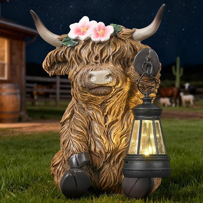 Solar Highland Cow Garden Outdoor Statue,Highland Cow Figurines Sculpture with LED,Farmhouse Decor,Patio Balcony Yard for Pasture & Farm Theme Housewarming Easter Day Gifts for Women Mom