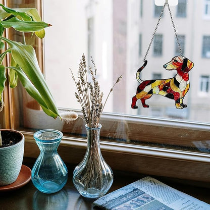 Dachshund Stained Glass Window Hanging, 5.9 * 5.1 in Hand-Painted Sun Catcher Panel Wall Art Decor with Chain, Gifts for Women Mom Grandma