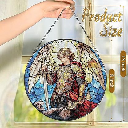 Stained Glass Suncatcher, Archangel Michael Sun Catcher Ornament; Stained Glass Window Hanging, Warrior Angel Window Decor, Spiritual Protection Decor, Christmas Ornament; Christian Religious Gifts