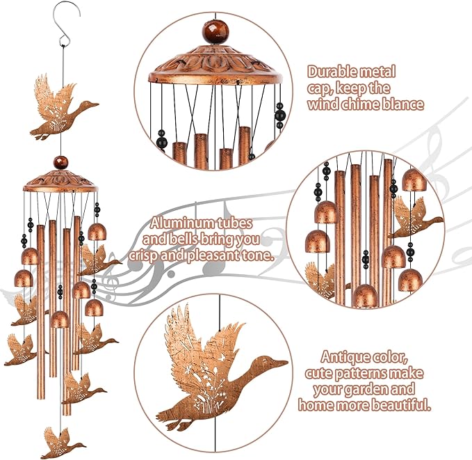 Duck Wind Chimes for Outside, Duck Gifts for Women Men Nature Lovers Metal Windchimes Outdoors, Flying Floral Bird Design Home Garden Patio Yard Decor