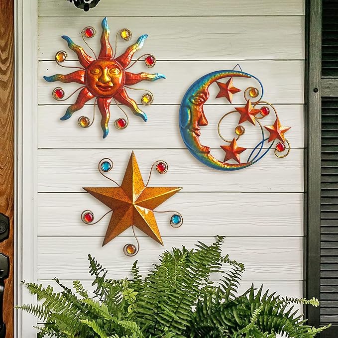VividLadybug Celestial Wall Decoration Sculpture, Metal Wall Sculpture, Silhouette Wall Decoration, Metal Sun Moon Star Wall Art Sculpture Decoration, Set of 3