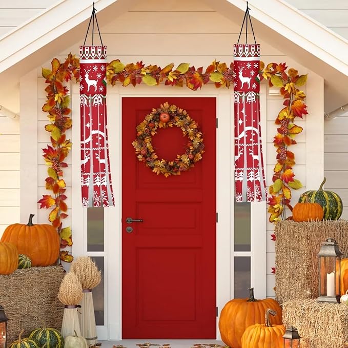 Christmas Elk Snowflake Wind Sock with Tails, Lightweight Fabric Windsock Outdoor Hanging Decorations for Home Yard Yard Patio Lawn Garden, Red Christmas Decor