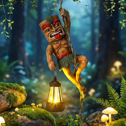 Kathfly Solar Light Outdoor Tiki Statues Resin Tiki Man Climbing on Vine with LED Lantern Waterproof Lamp Hanging Figurine with Hook for Hawaiian Gift Bar Decor Porch Patio Summer Yard Lawn Figurine