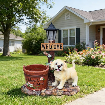 Solar Light Animal Outdoor Statue Planter with Welcome Sign, Resin Garden Sculpture Flower Pot for Patio Lawn Porch Yard Courtyard Decor, Weather-Resistant Decorative Figurine Accent (G)