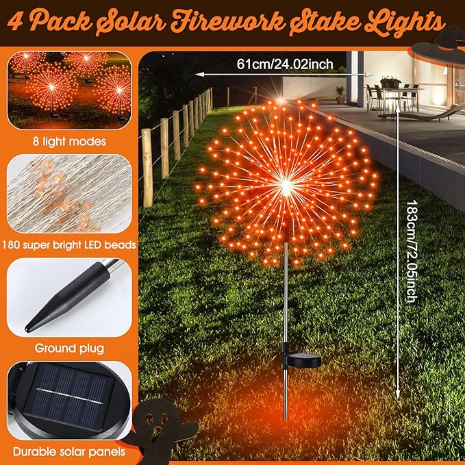 Tujoe 6 Pcs Halloween Solar Firework Stake Lights 180 LED 8 Modes Solar Waterproof LED Sparkler Lights Outdoor Decoration for Summer Fall Xmas Holiday Garden Patio Yard Pathway Walkway, Orange