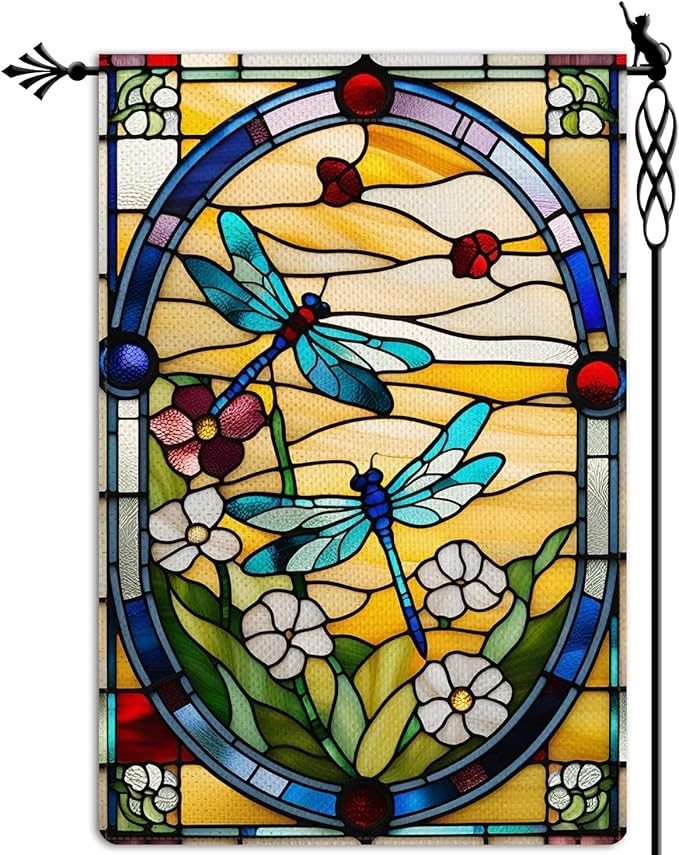 Spring Summer Dragonfly Garden Flag Stained Glass Style Floral Flowers Garden Flag Vertical Double Sided Rustic Farmland Burlap Yard Lawn Outdoor Decor 12.5x18"