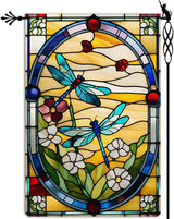 Spring Summer Dragonfly Garden Flag Stained Glass Style Floral Flowers Garden Flag Vertical Double Sided Rustic Farmland Burlap Yard Lawn Outdoor Decor 12.5x18"