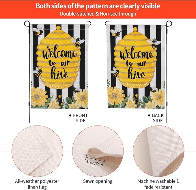 Bee Garden Flag Seasonal Double Sided 12 x 18 Inch Small Yard Flag for Indoor Outdoor Decor Holiday All Seasons