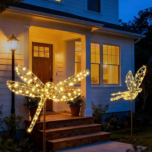 Flacchi Solar Garden Lights Outdoor Waterproof - Dragonfly Decor with 240LED, Solar Powered Iron Easy to Install for Pathway Garden Decorations Patio Decor Yard Decoration