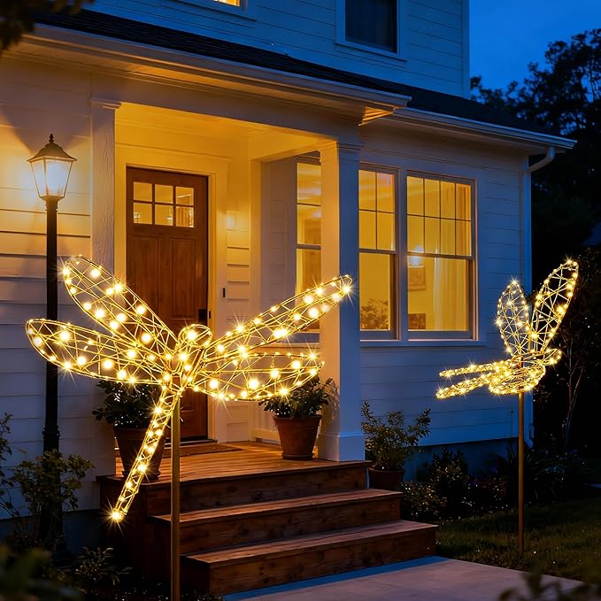 Lomotech Solar Garden Lights - 18" 240 Leds Foldable Outdoor Dragonfly Garden Decor, Waterproof Larger Outdoor Solar Lights with Iron for Garden Patio Yard Lawn Pathway Decorations (Warm White)