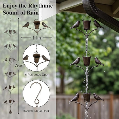 Metal Rain Chain Decoration 6.3FT., Rain Catcher Metal Chain Gutter Downspout 76'' for House Eaves, Garden & Home, Birds & Buckets Shape Rain Chains